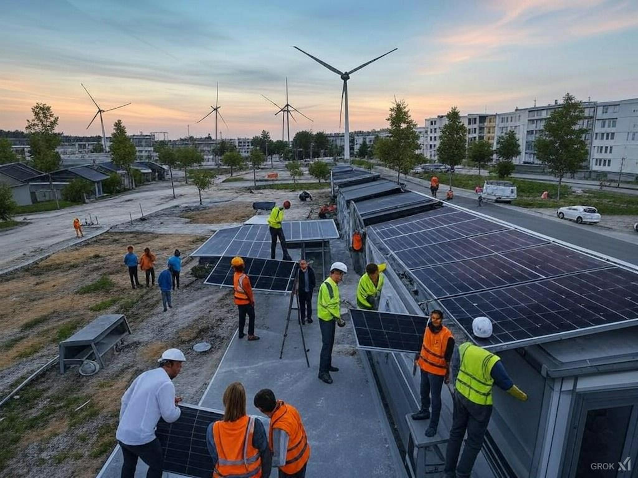 A depiction of the EU’s sustainability efforts, showing renewable energy, social inequality, and public awareness campaigns aimed at overcoming economic and social barriers.