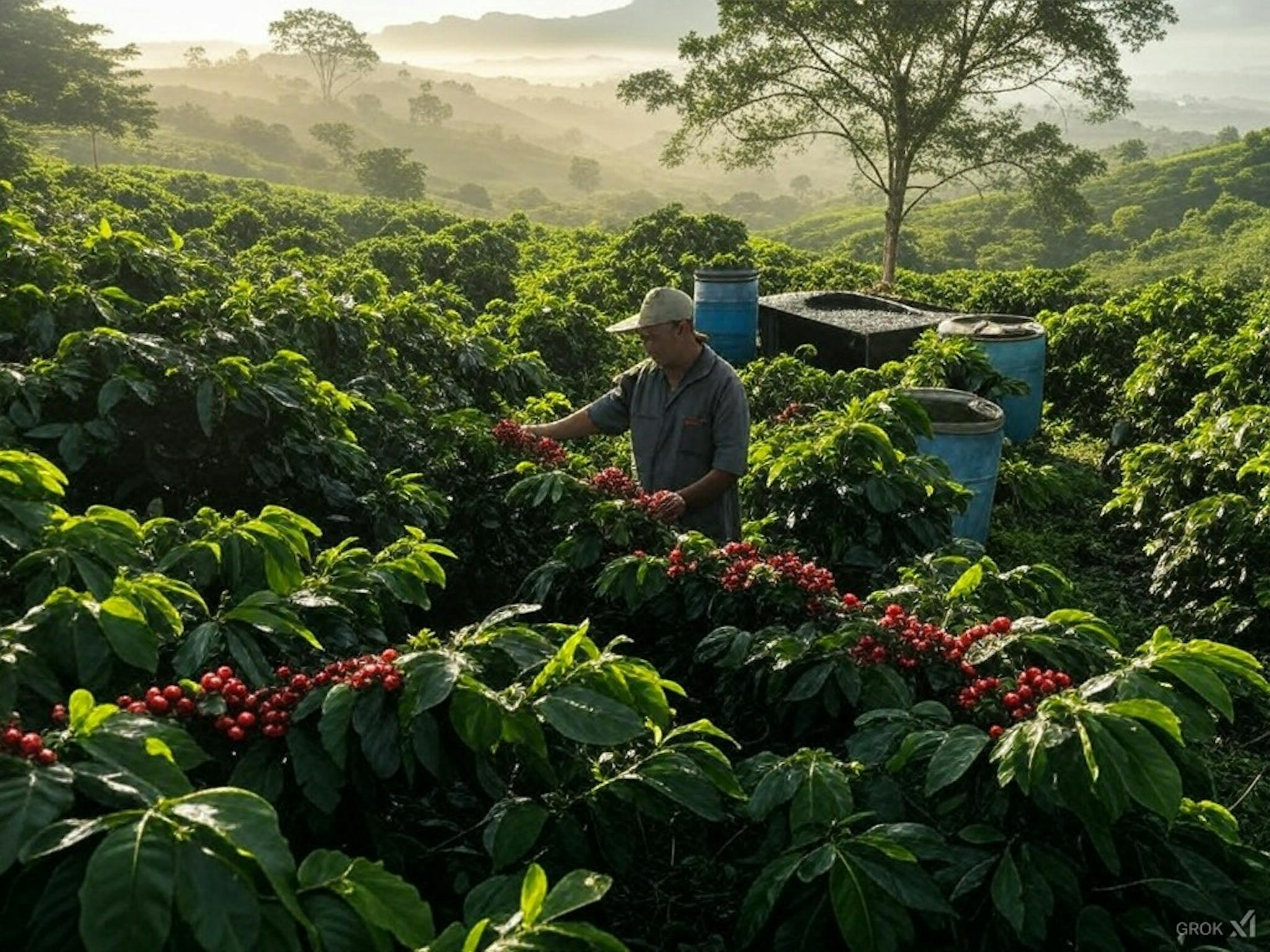 A coffee plantation with intercropped coffee plants and shade trees, highlighting sustainable farming techniques like water conservation and organic soil enrichment.