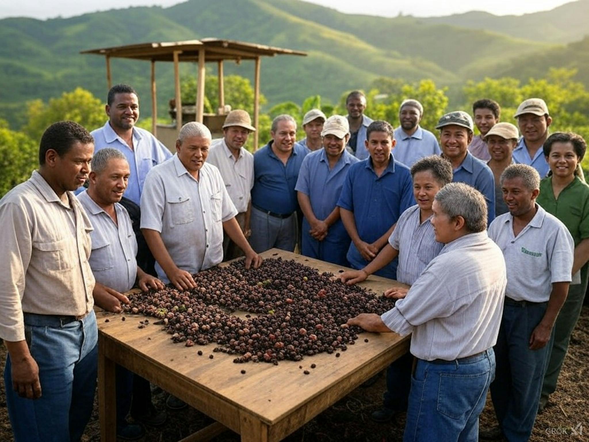 Honduran coffee farmers engaging in direct trade discussions, ensuring fair compensation and promoting sustainable farming through the Katracha Initiative.