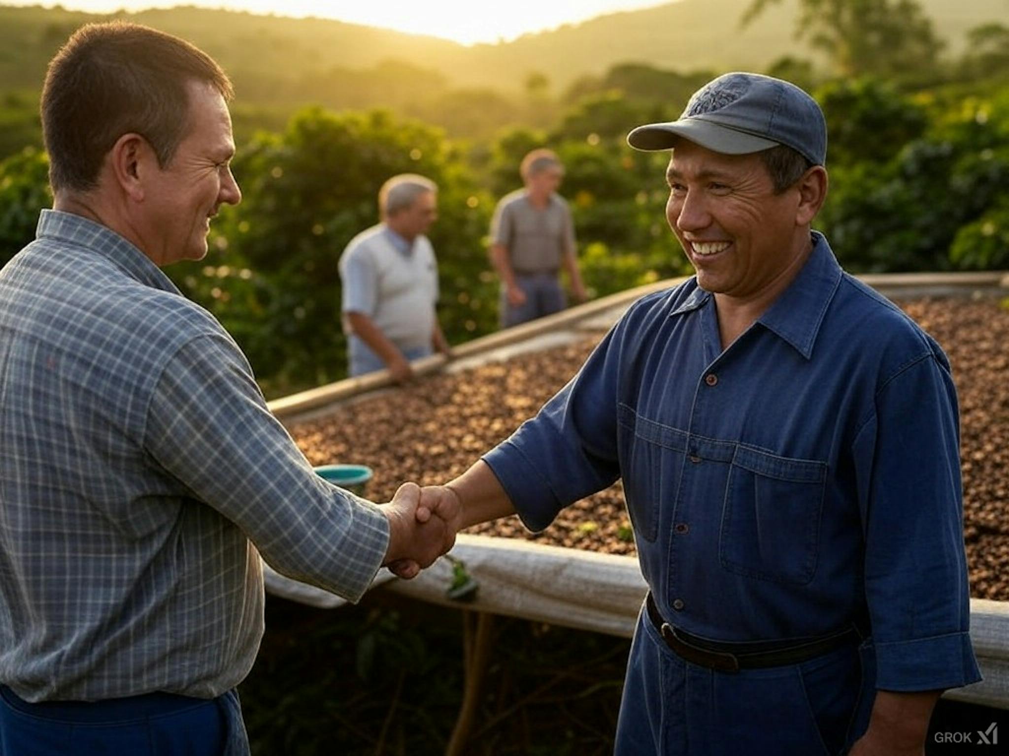 A coffee farmer shaking hands with a buyer at a farm, symbolising direct trade that ensures fair compensation and strengthens farmer-consumer relationships