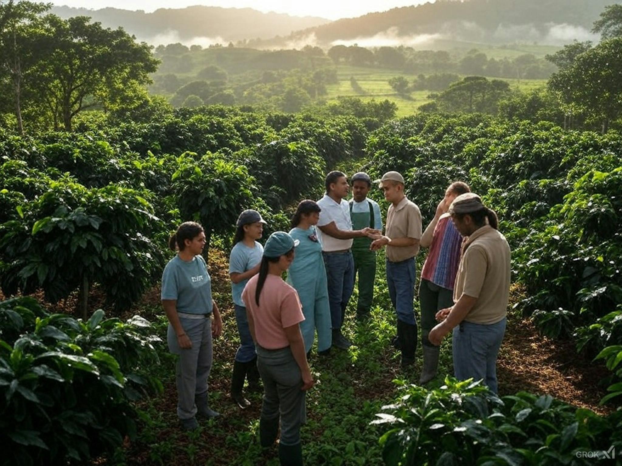 Farmers collaborating on a coffee farm, practicing crop rotation and intercropping with coffee plants, showcasing sustainable farming methods that improve soil health, increase biodiversity, and build resilience against climate change.