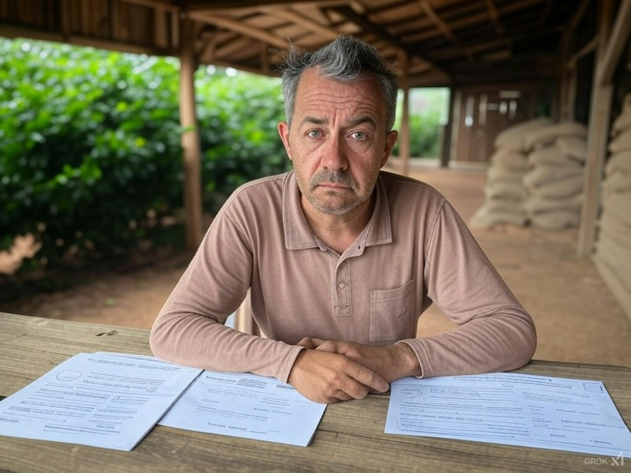 A coffee farmer reviewing Fair Trade certification documents at a wooden table, with sacks of freshly harvested beans in the background, symbolising the challenges and complexities of Fair Trade certification on a small coffee farm.