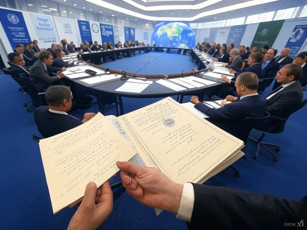 A conference hall with national delegates signing environmental treaties, including the Paris Agreement, the Convention on Biological Diversity, and the UNFCCC. A digital globe in the background symbolises global cooperation on environmental issues.