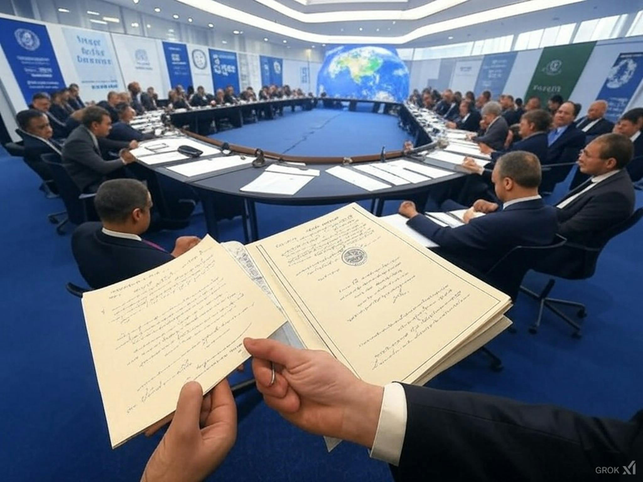 A conference hall with national delegates signing environmental treaties, including the Paris Agreement, the Convention on Biological Diversity, and the UNFCCC. A digital globe in the background symbolises global cooperation on environmental issues.