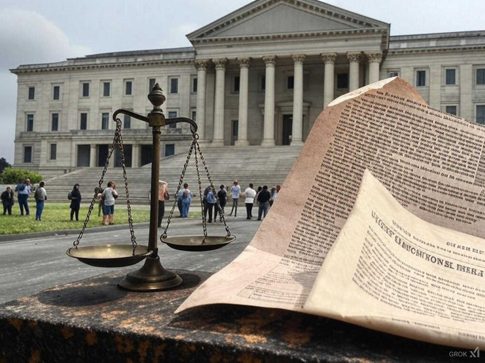 A government building with a broken legal scale symbolises weak enforcement of environmental laws. A torn document represents a lack of political will, while a developing country’s landscape highlights resource constraints. In the background, a group of people protesting underscores the need for public awareness and engagement.