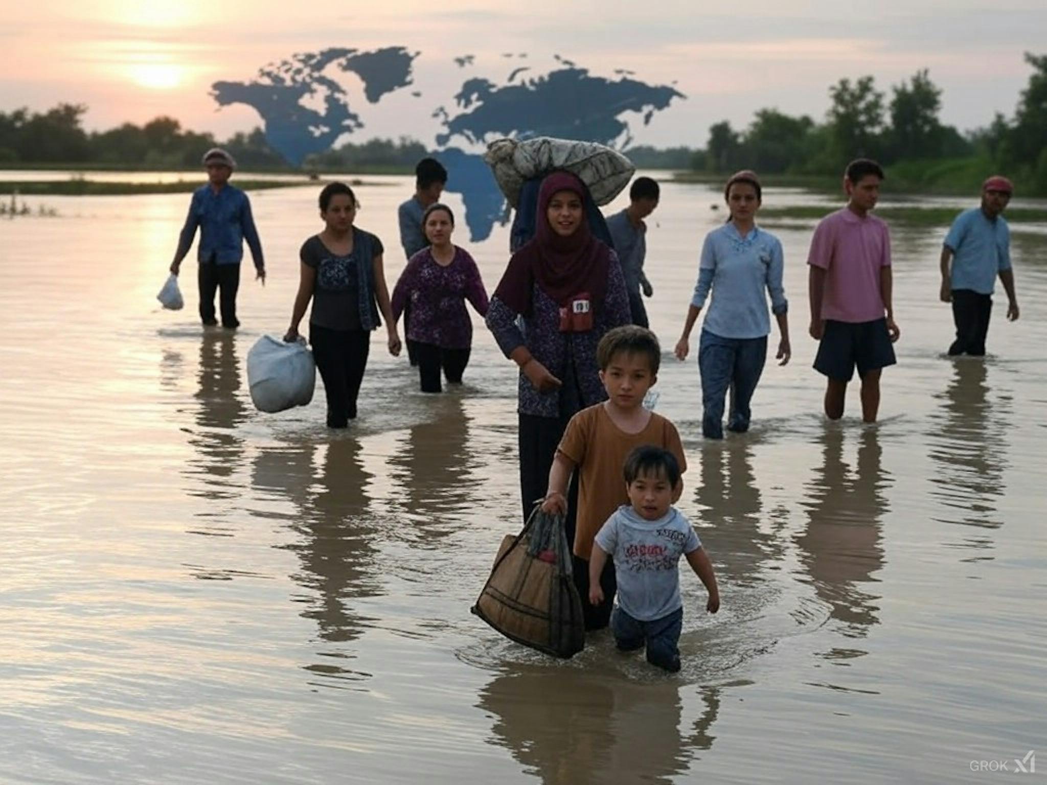 A flooded Mekong Delta landscape with displaced people in the foreground, symbolising the human impact of climate change and upstream dam construction. Dams are visible in the background, highlighting the need for international accountability and legal frameworks to protect vulnerable populations.