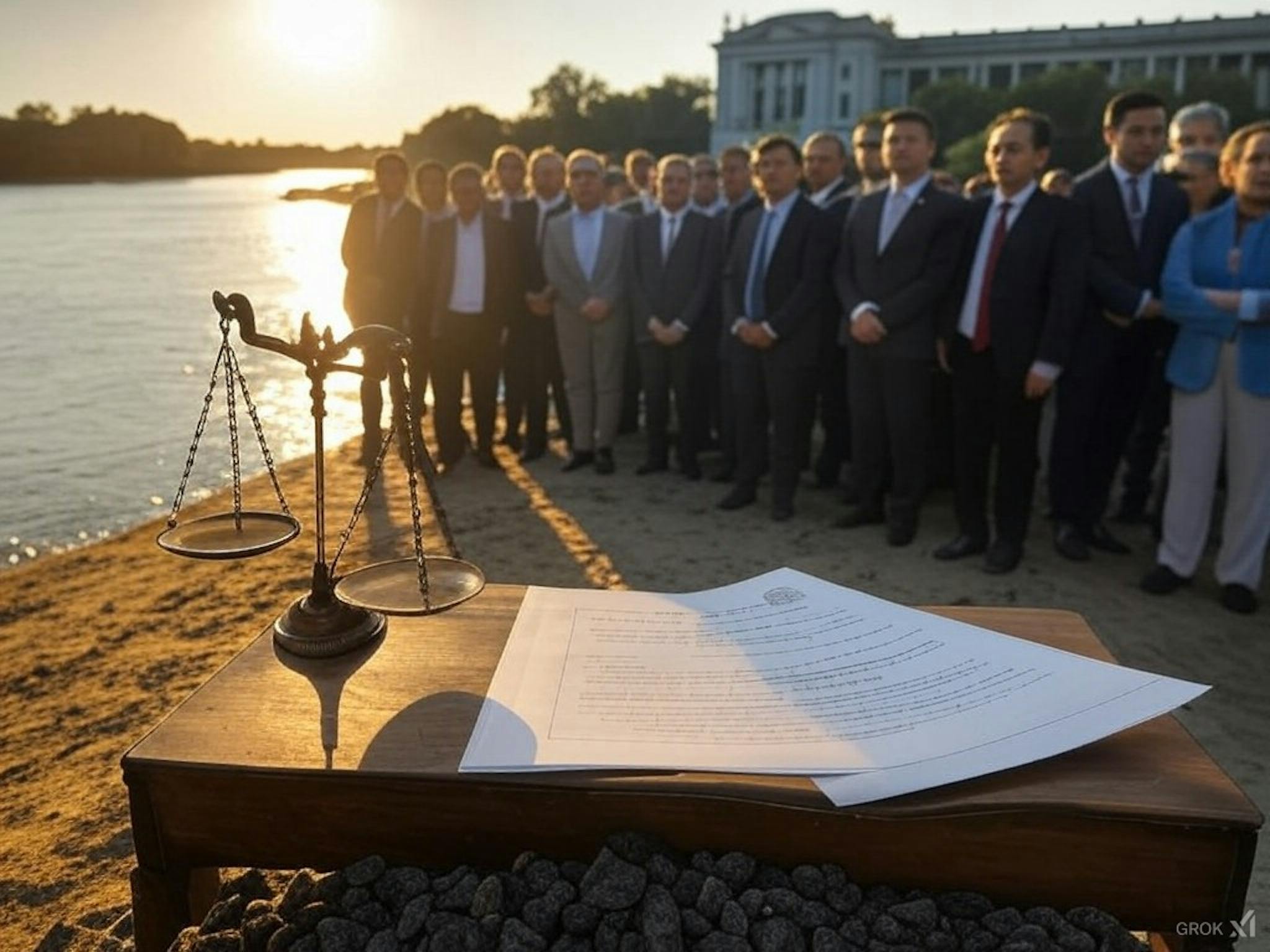 A symbolic scale of justice with the Ganges River on one side and a legal document on the other, representing its recognition as a legal person. A court building and a diverse group of people near the river highlight the collaborative efforts for its protection.