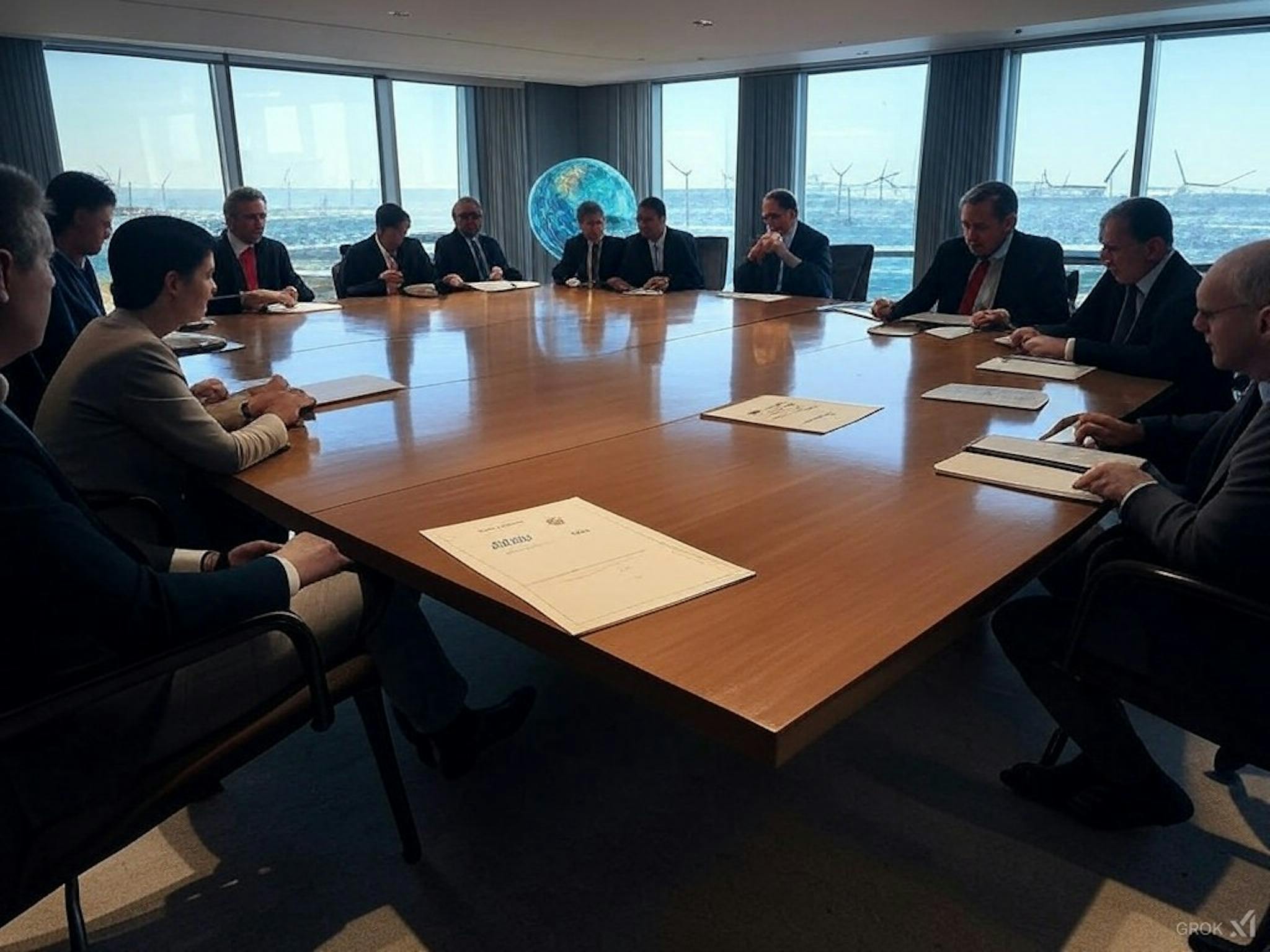 International delegates signing the Paris Agreement at a conference table, symbolising global commitment. A document with an official seal is in the foreground, while a digital globe and renewable energy sources in the background represent international cooperation and climate resilience.