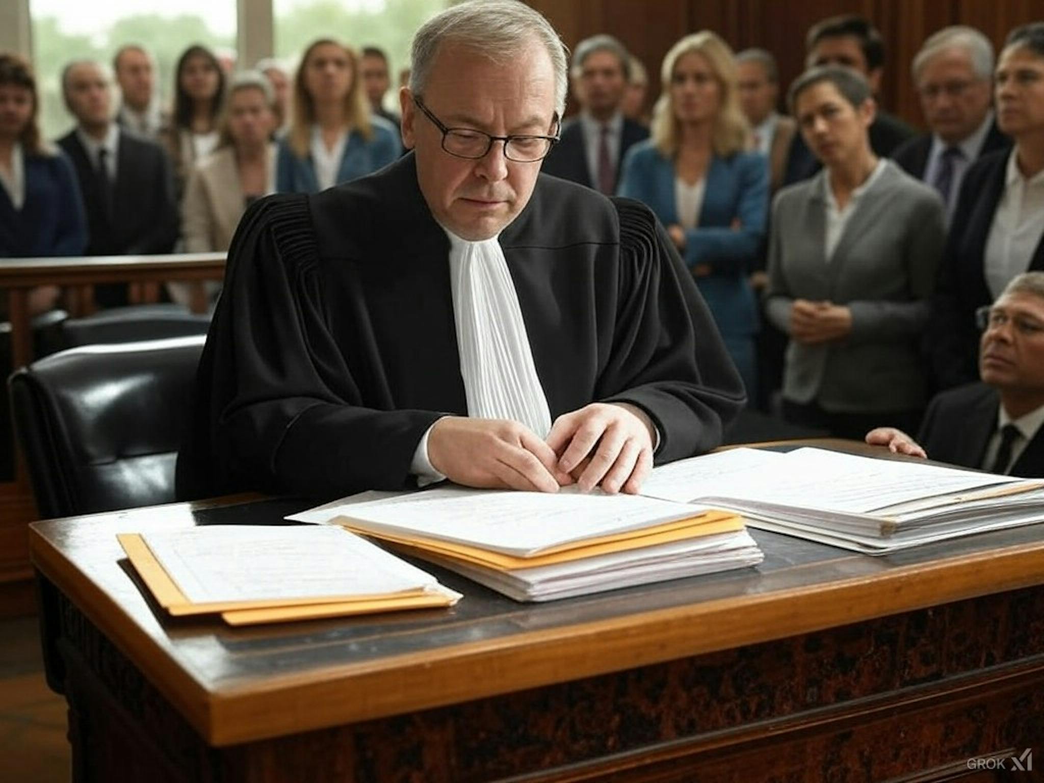 A courtroom scene with a judge reviewing an environmental lawsuit, legal documents on the desk, and community members protesting outside, symbolising public interest litigation. In the background, an international tribunal highlights the role of global treaties in addressing environmental disputes.