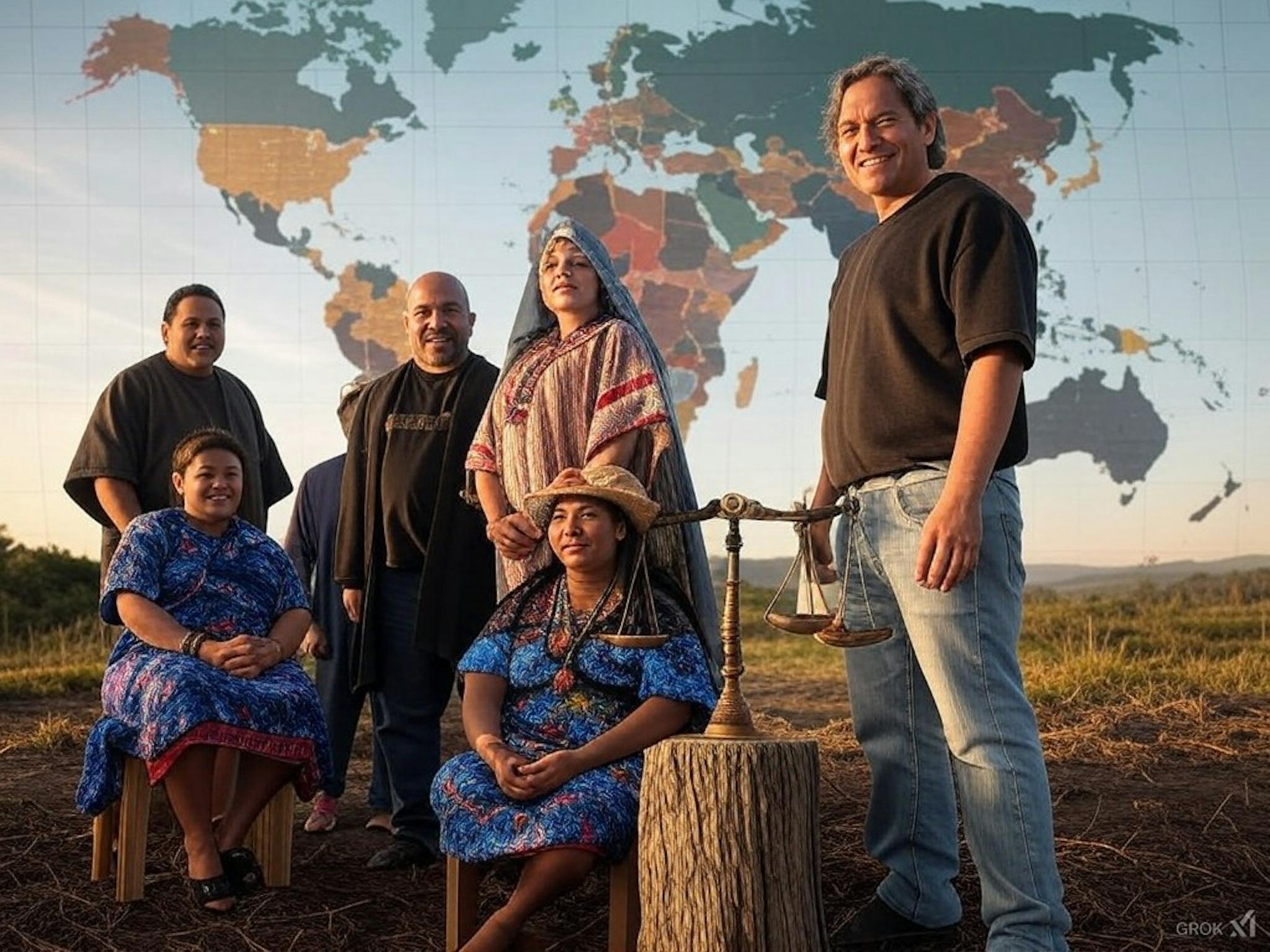 An interconnected depiction of the Atrato River in Colombia with community guardians, the Whanganui River in New Zealand with Māori leaders, and a justice scale symbolising the rights of nature movements. A world map in the background highlights countries adopting these legal frameworks for environmental protection