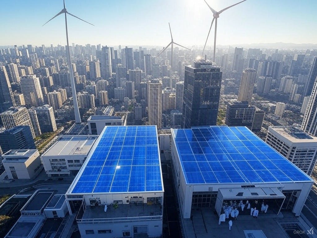 Futuristic city powered by renewable energy sources like solar, wind, and hydroelectric power, illustrating the transition to low-carbon energy systems and the economic benefits of renewable resources.