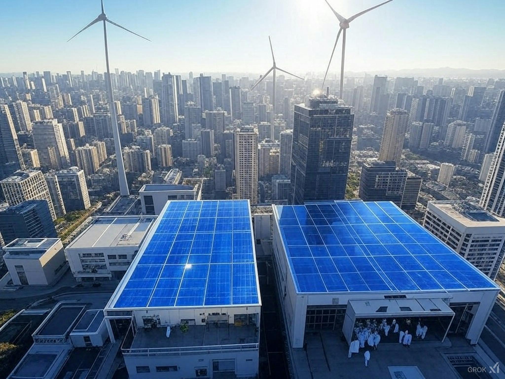 Futuristic city powered by renewable energy sources like solar, wind, and hydroelectric power, illustrating the transition to low-carbon energy systems and the economic benefits of renewable resources.