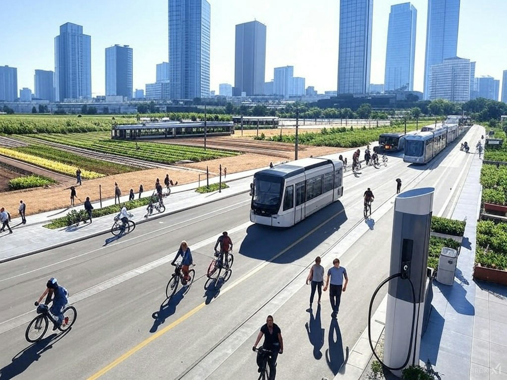 Sustainable city with cycling, public transport, and electric vehicles, alongside eco-friendly construction using low-carbon materials and sustainable farming practices to reduce emissions from transport, food, and building sectors.