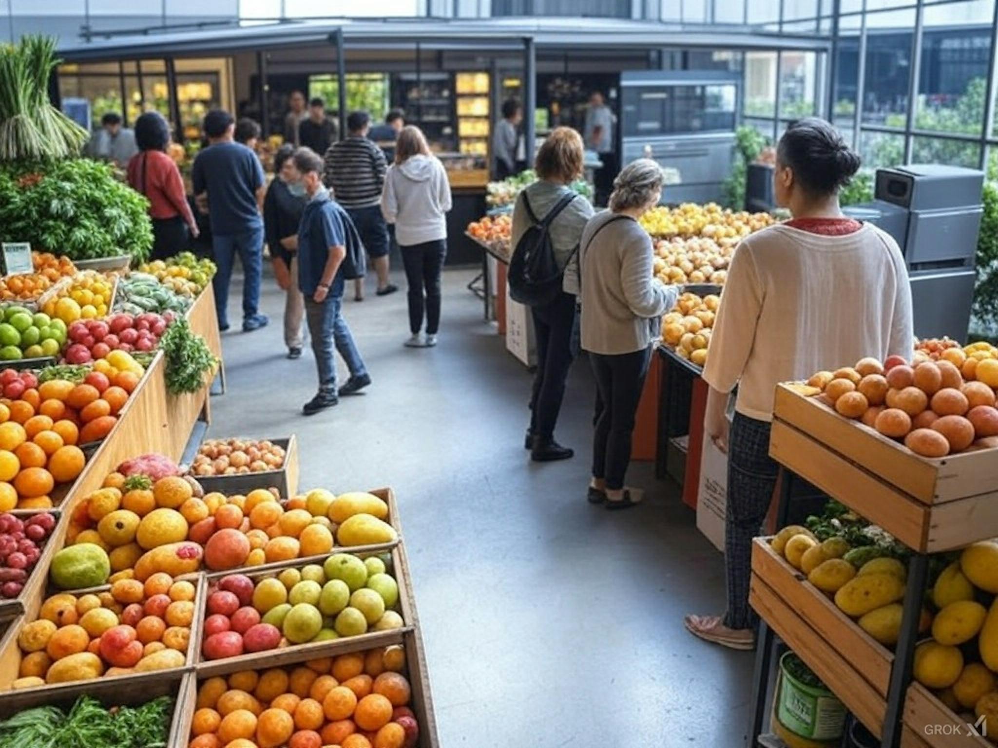 Sustainable food market promoting plant-based diets and food waste reduction, featuring fresh produce, food rescue initiatives, and composting to lower emissions from food systems.