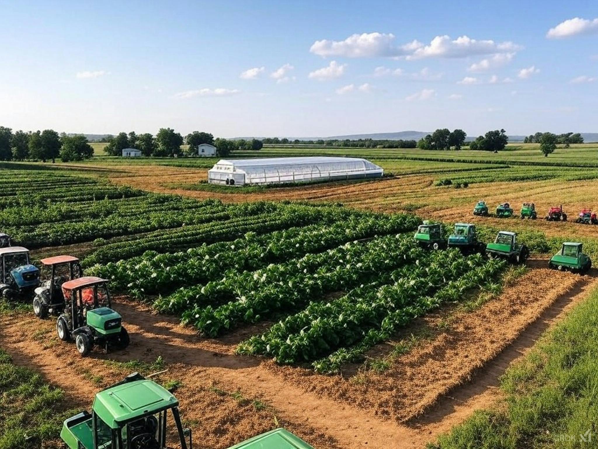 Sustainable farm using precision agriculture, autonomous tractors, and vertical farming to improve productivity, reduce deforestation, and lower emissions from food production