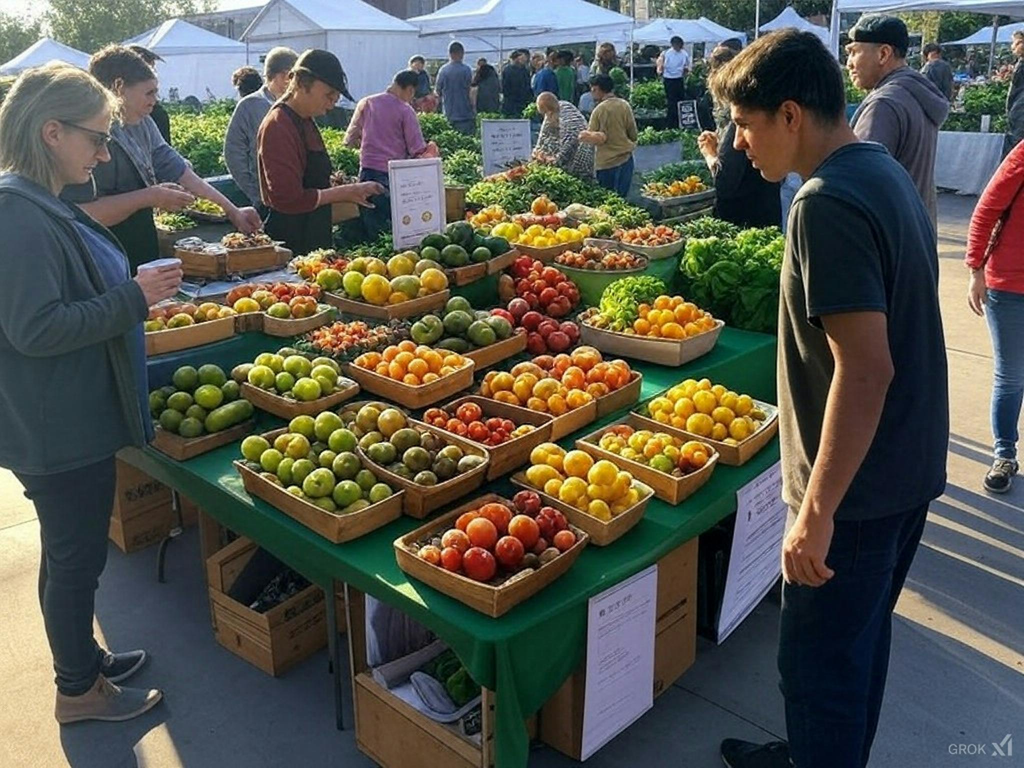 Farmers' market with fresh produce, plant-based cooking classes, and community food education promoting sustainable diets and reducing the environmental impact of food choices.