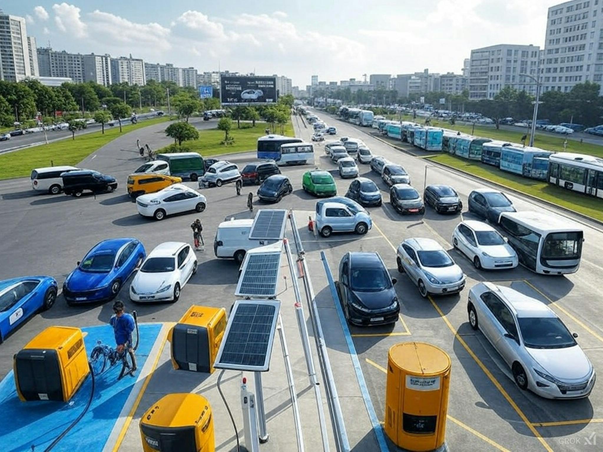 Electric vehicles charging at a solar-powered station in a sustainable city with EV buses, cycling infrastructure, and public awareness campaigns promoting low-emission transport.