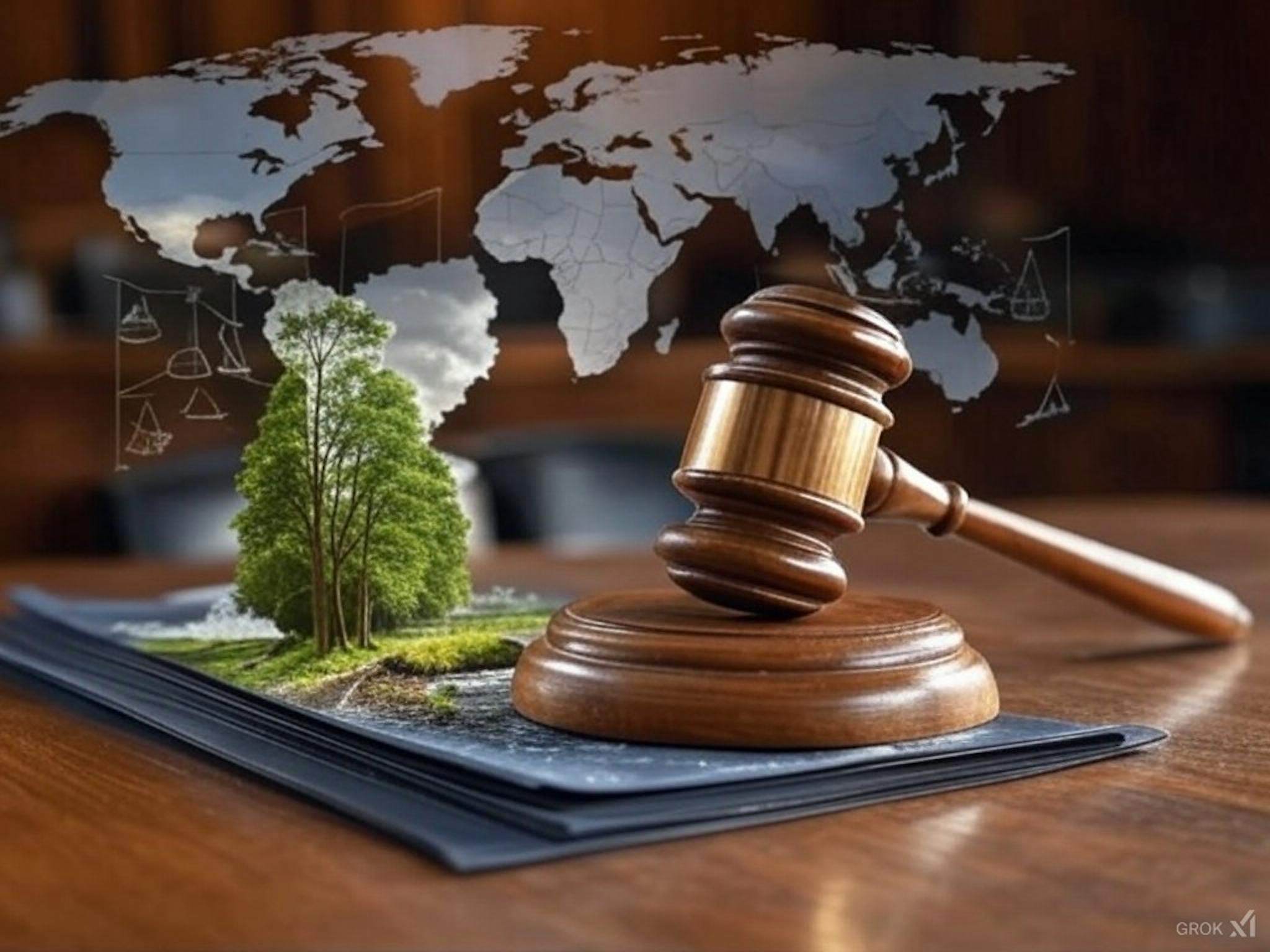 Environmental law as a tool for accountability, regulation, and international cooperation, symbolised by a gavel, legal documents, and balanced depictions of industry and nature.