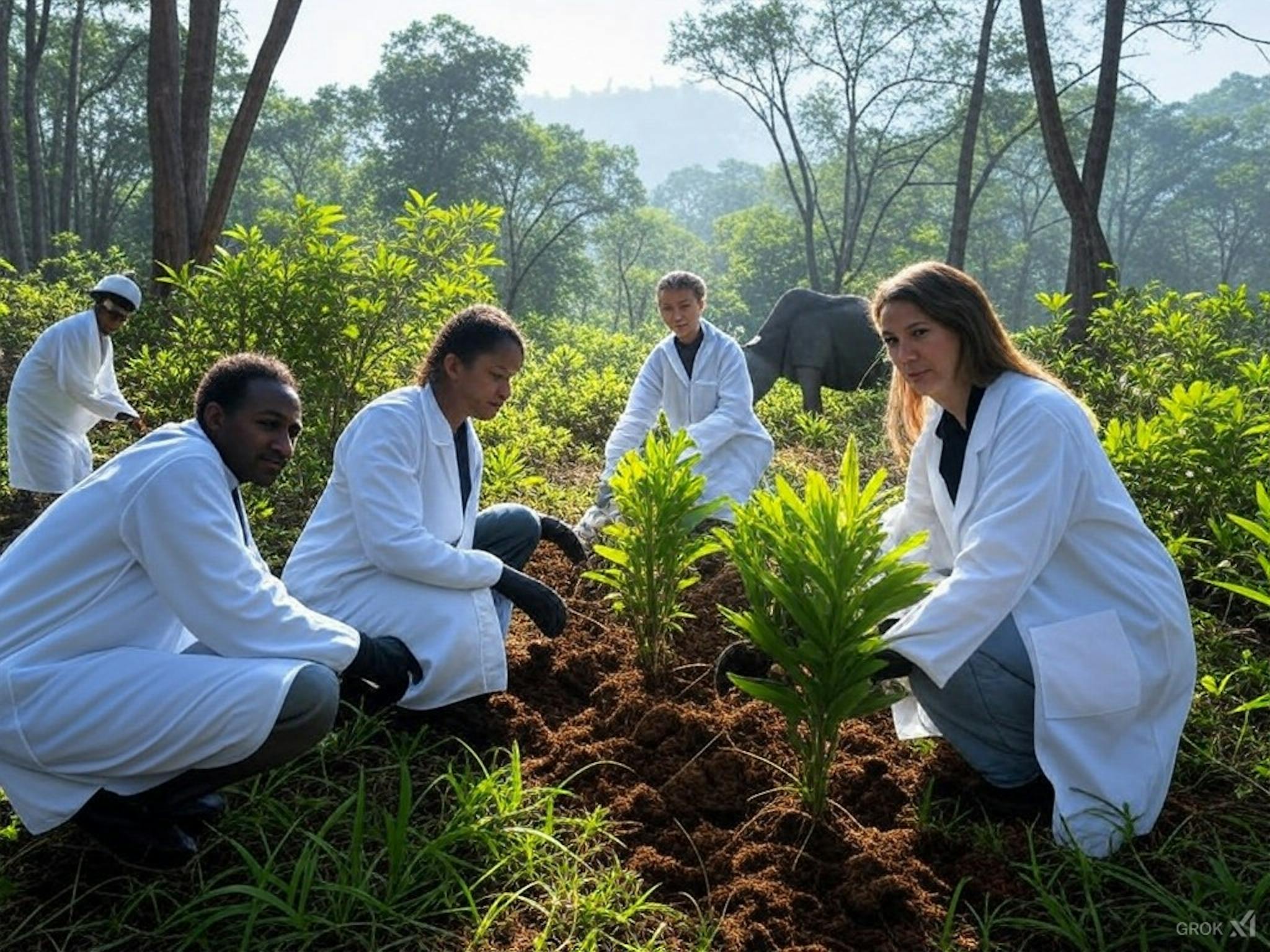 Humans working to shape the environment: scientists restoring ecosystems, a conservation biologist tagging an endangered animal, and policymakers drafting environmental policies to promote sustainability.