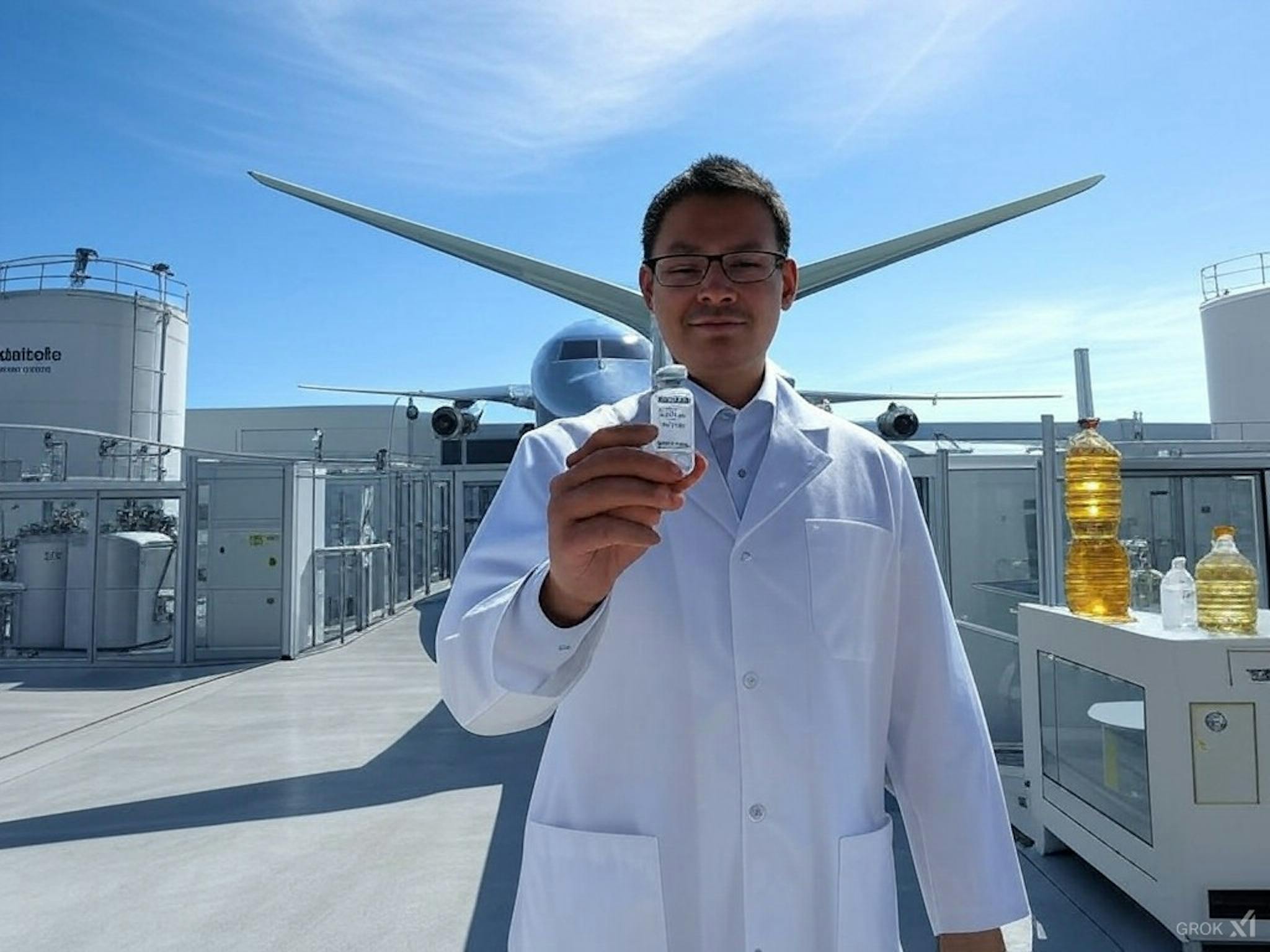 A modern sustainable aviation fuel facility with biofuel, synthetic fuel, and waste-based fuel production, alongside a jet refueling with SAF.