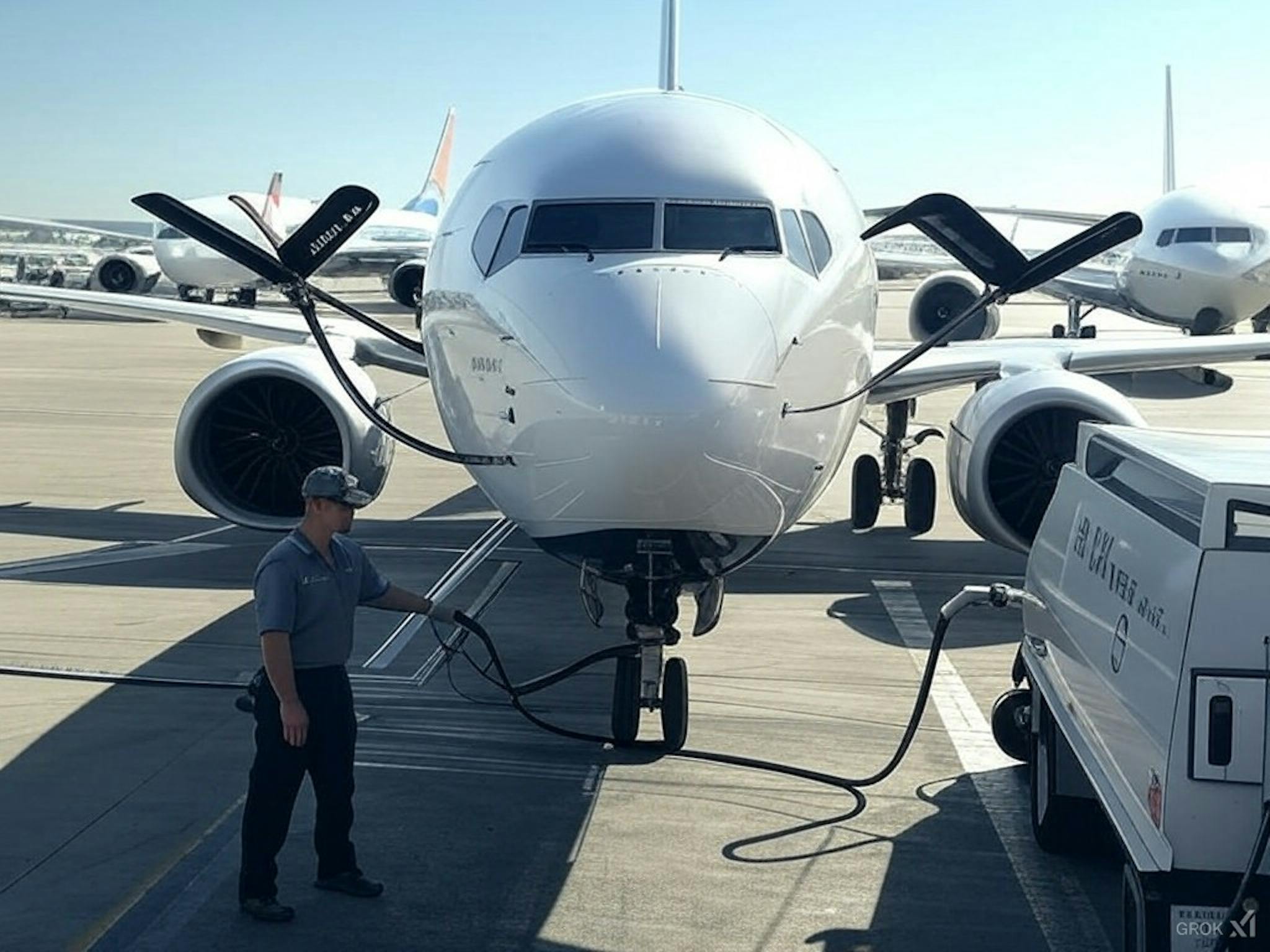 A Boeing aircraft refueling with 100% sustainable aviation fuel at a modern airport, highlighting the company’s 2030 SAF commitment.