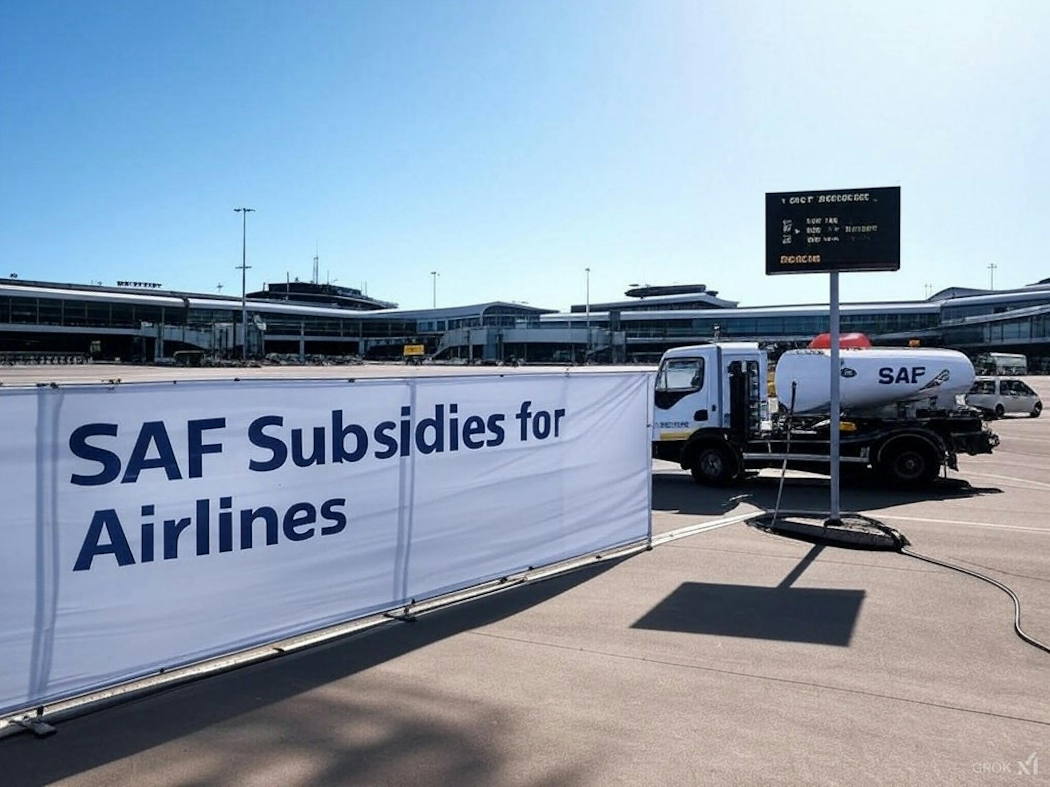 An illustration of Schiphol Airport providing SAF subsidies, highlighting the cost gap between SAF and traditional jet fuel, with a focus on the transition towards sustainable aviation.