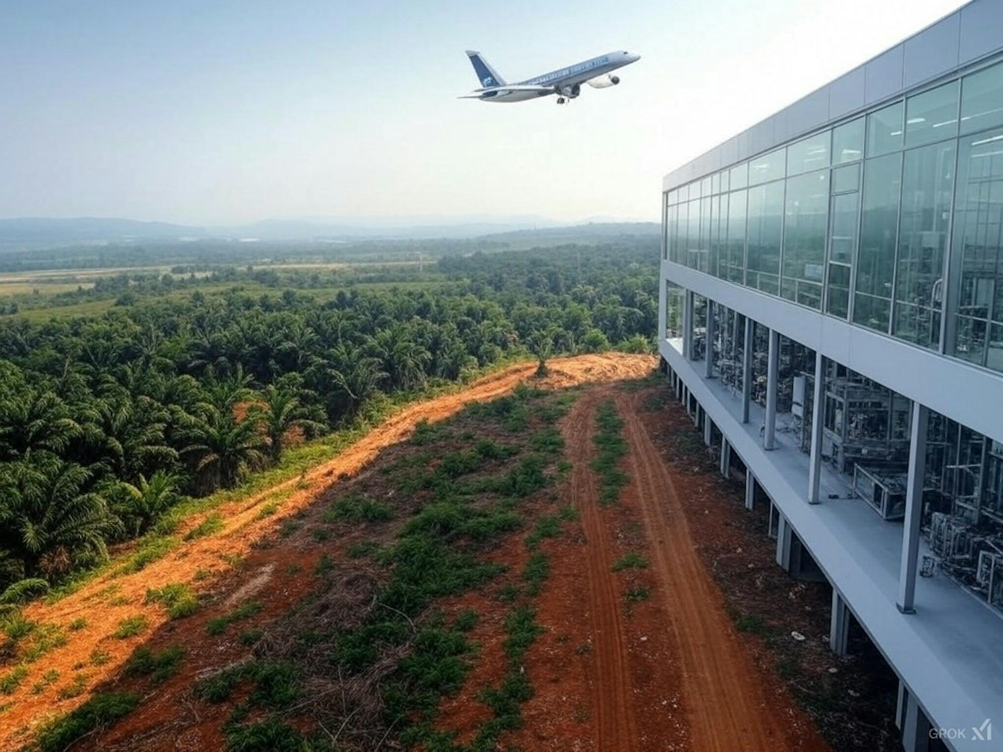 An illustration showing the environmental impact of biofuels for SAF, including deforestation, alongside research on waste-based and synthetic fuel alternatives.