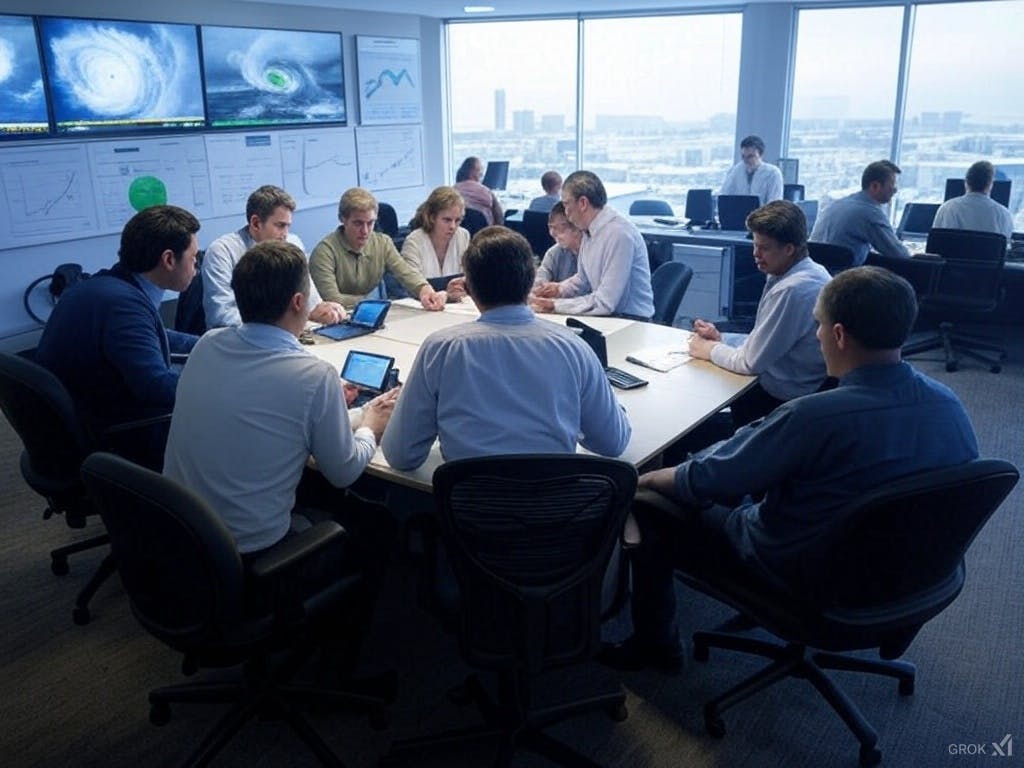 A newsroom with journalists reporting on extreme weather events, while a scientist analyses data on a screen, highlighting both natural and human-driven environmental changes.