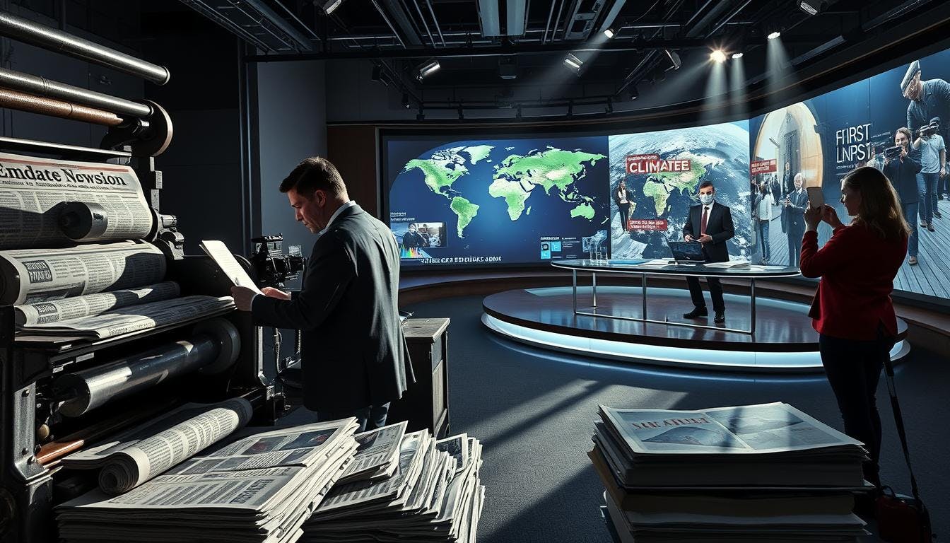 A journalist writing a climate report while a scientist reviews data, highlighting the contrast between media coverage and scientific accuracy.