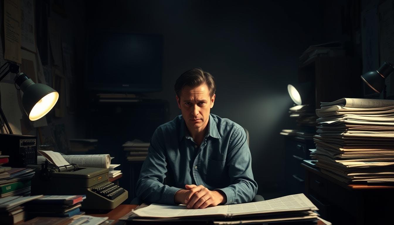 A journalist reviewing climate reports, with a screen showing expert research alongside contrasting lobbyist opinions, highlighting media bias in environmental coverage.