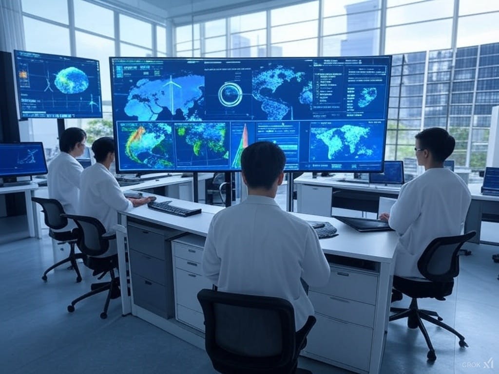 A scientist analyses climate data on holographic screens, comparing rising global temperatures, satellite imagery, and renewable energy solutions, with a contrasting backdrop of industry and clean energy.