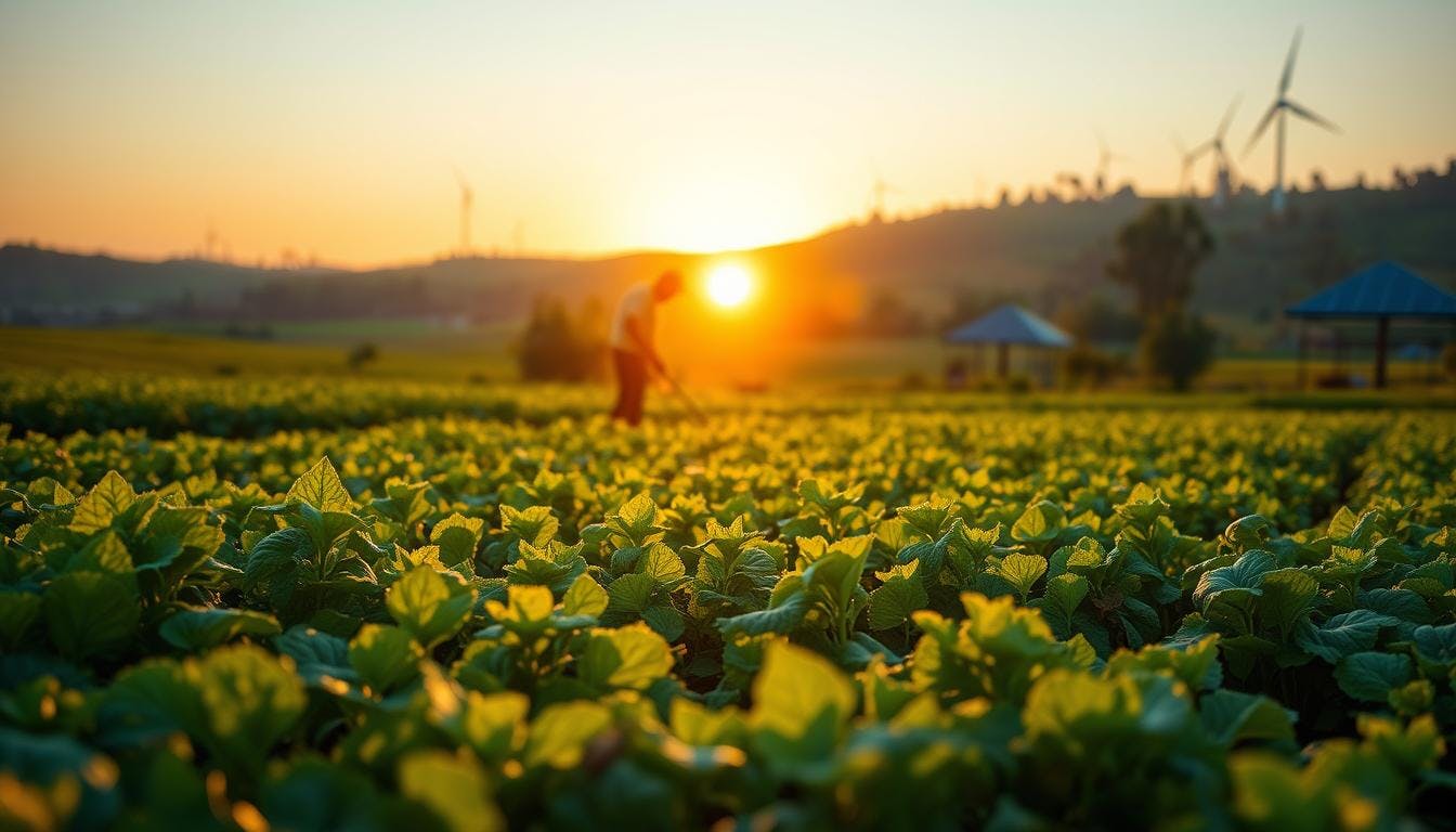 A sustainable farm with diverse crops, no-till rows, and natural pest control methods in action.