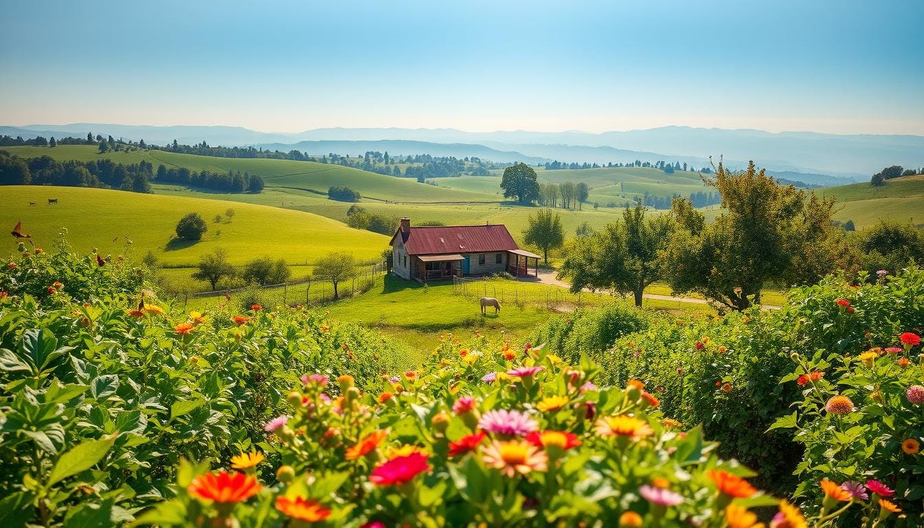 A thriving organic farm using crop rotation, reduced tillage, and natural pest control methods.