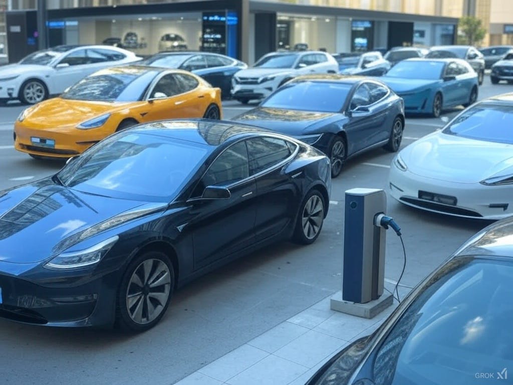A vibrant city scene showcasing the rise of new energy vehicles, with EVs, charging stations, and advanced manufacturing.