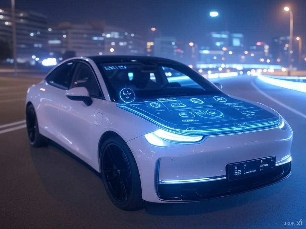 A futuristic electric vehicle using smart driving technology, with ADAS features enhancing safety and efficiency.