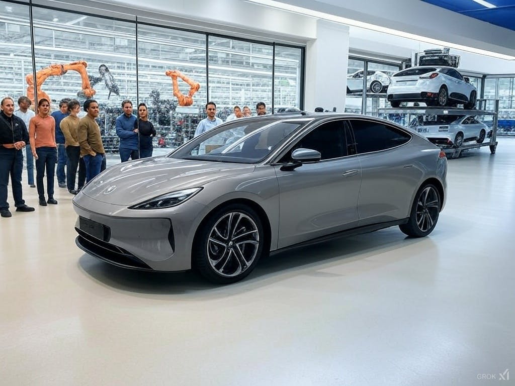 A cutting-edge electric vehicle factory with advanced production lines, global sales data, and international shipping.