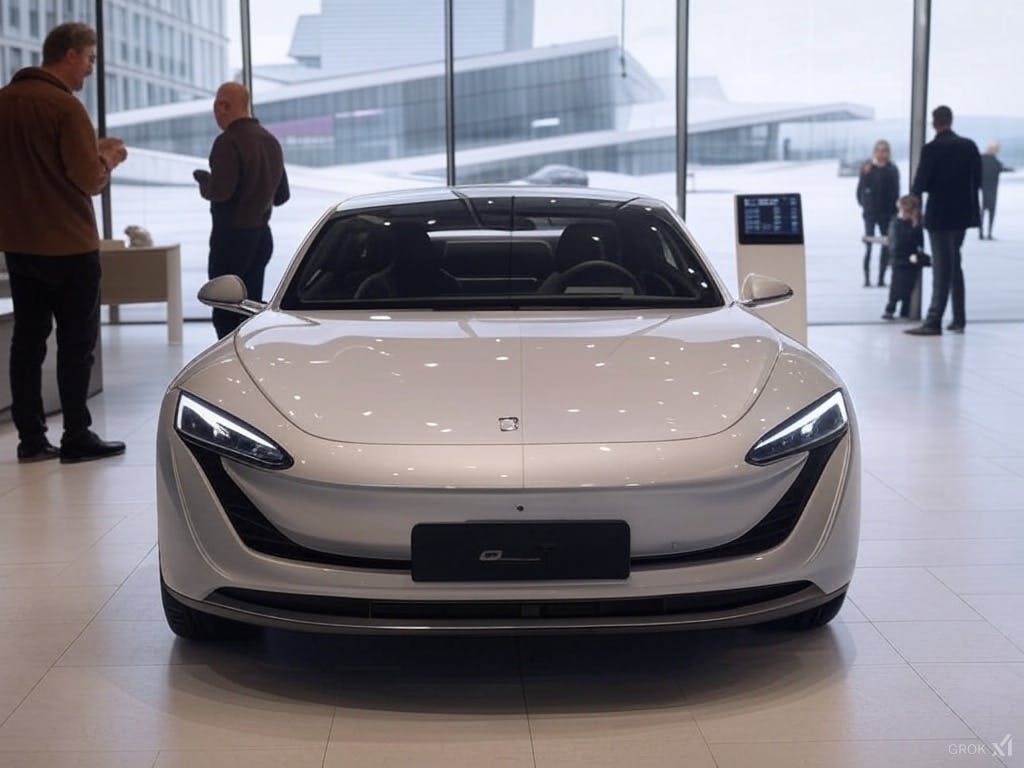 An electric vehicle showcased in a European city, symbolising global expansion and innovation.