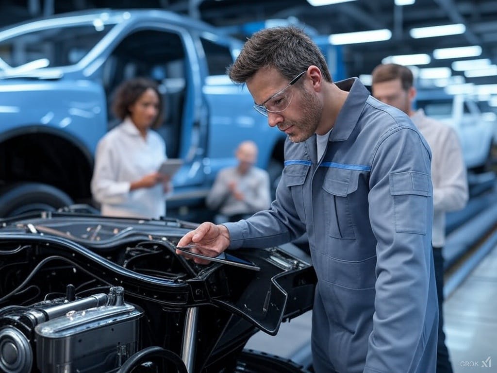 Engineers inspect an electric vehicle assembly line, ensuring quality and efficiency in production.