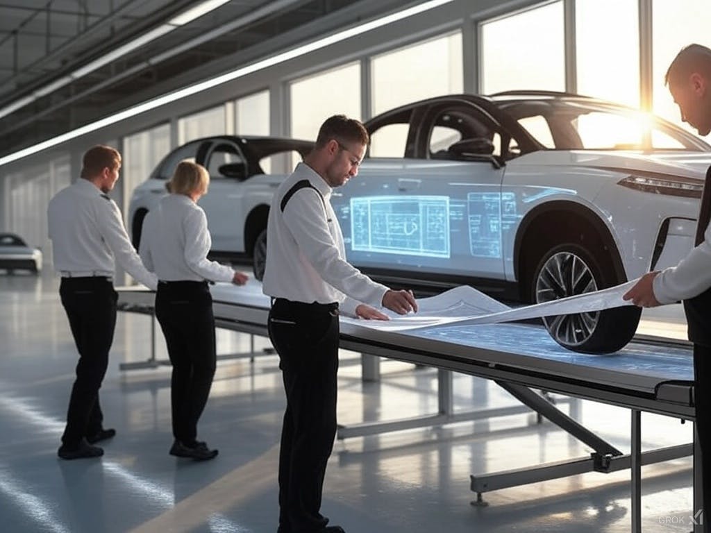 Engineers and robotic systems collaborate in a high-tech electric vehicle manufacturing facility.