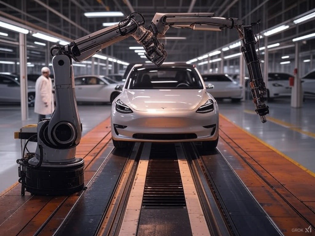 A high-tech electric vehicle production line with robotic assembly and a milestone display of the 10-millionth EV.