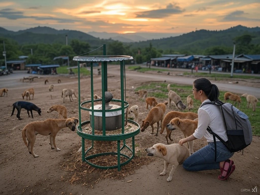 Traveller observing a local shelter caring for stray animals in a culturally rich town.
