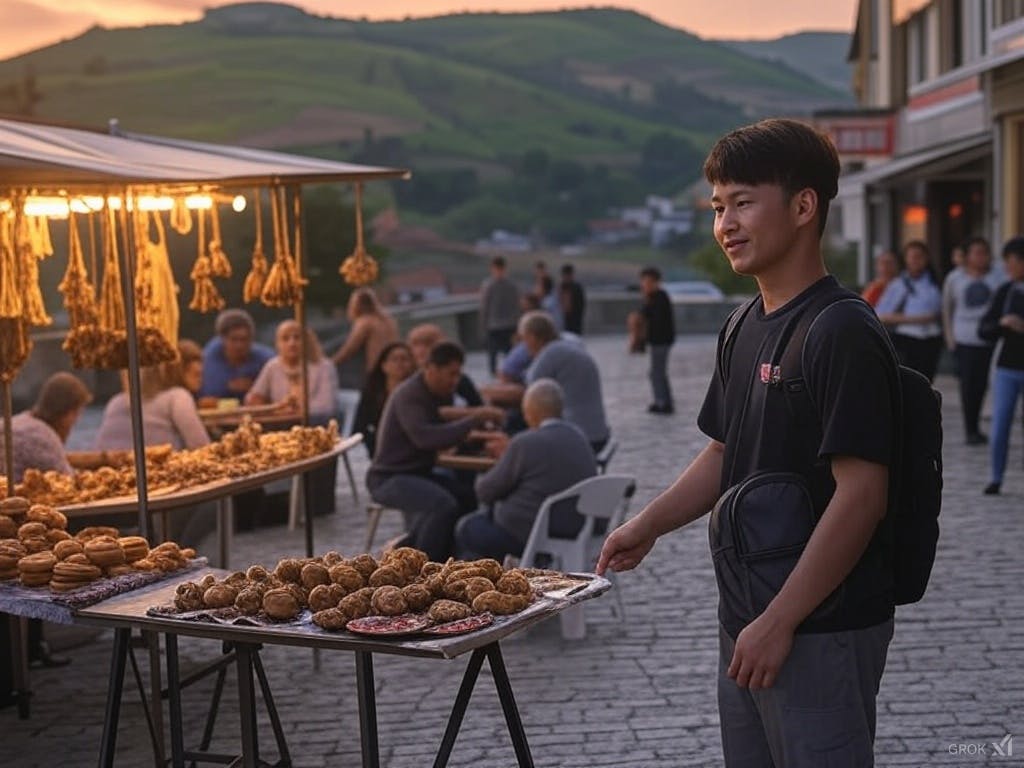 Traveller engaging with a local street vendor in a vibrant, culturally rich city.