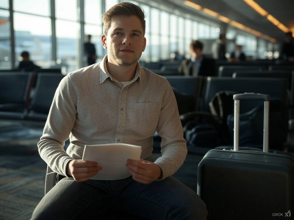Traveller calmly preparing for their journey in an airport lounge, holding a boarding pass.
