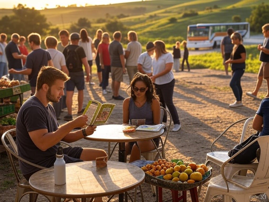 Traveller reading a guidebook at a local café, with a bustling market and public transport in the background.