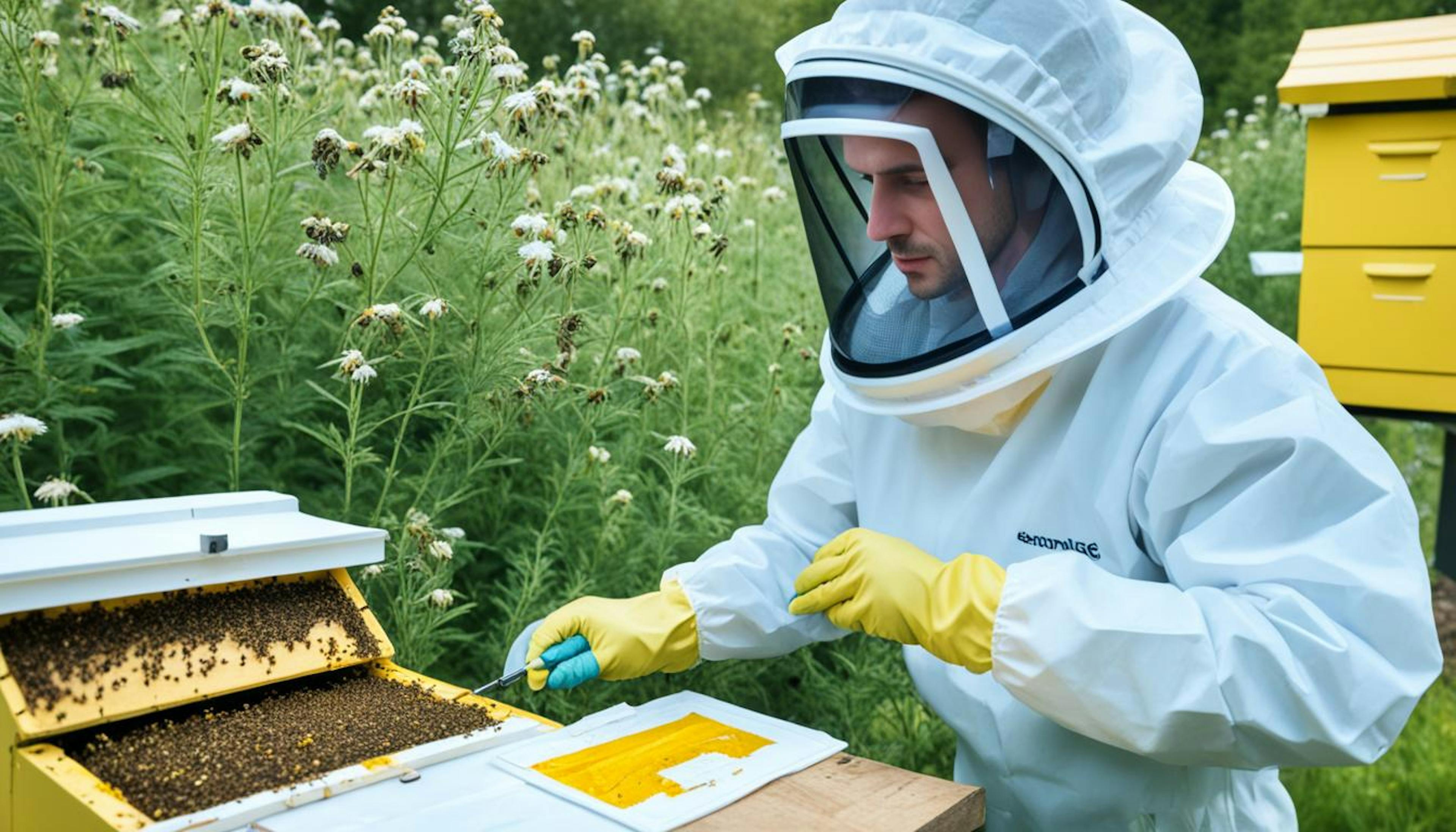 A beekeeper checks for allergies, wearing protective gear and surrounded by beekeeping equipment.