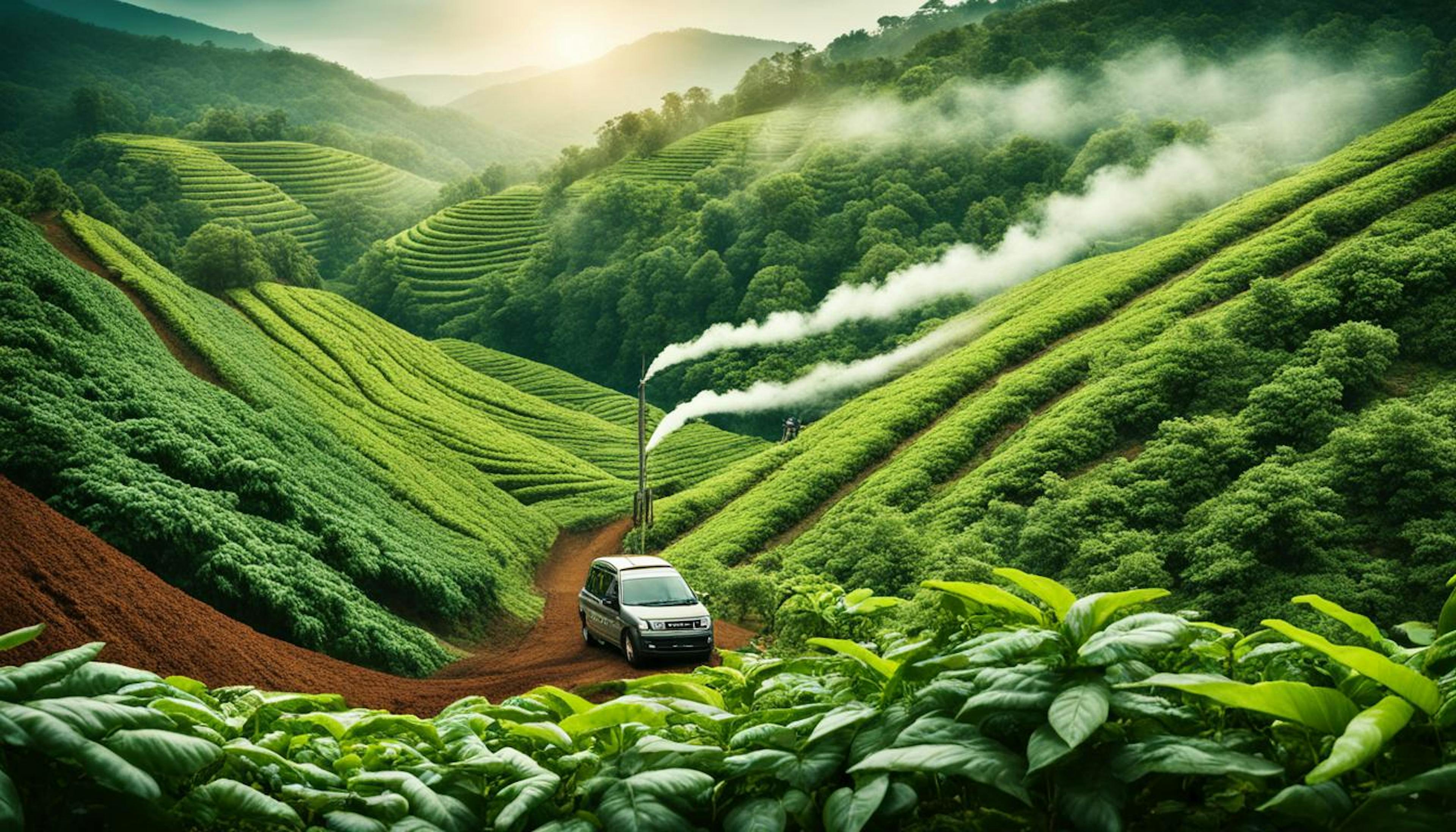 Environmental impact of coffee production and transportation, including deforestation, emissions, and carbon footprint.