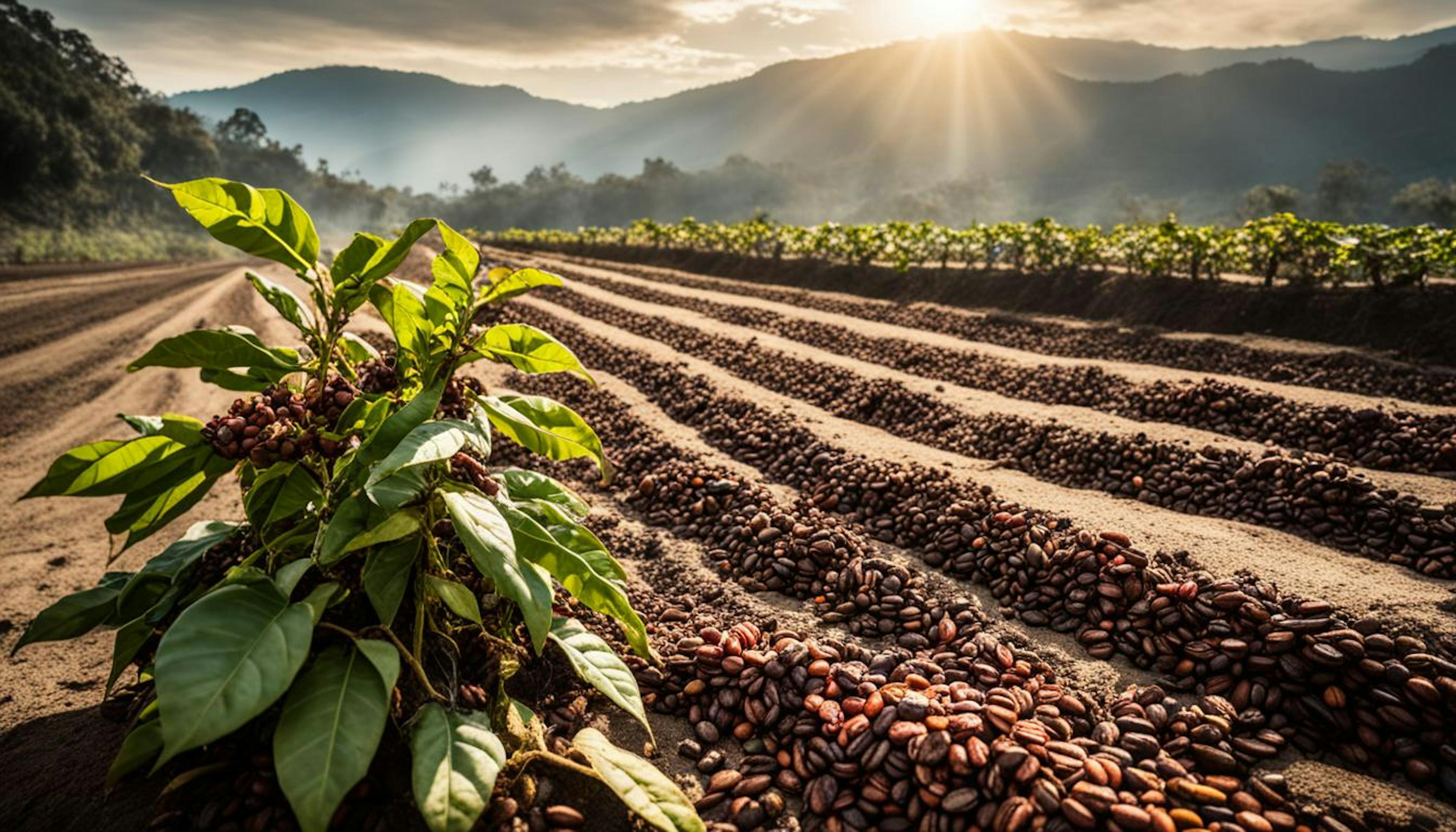 Impact of climate change on coffee production, including temperature rise, pests, and adaptation strategies.