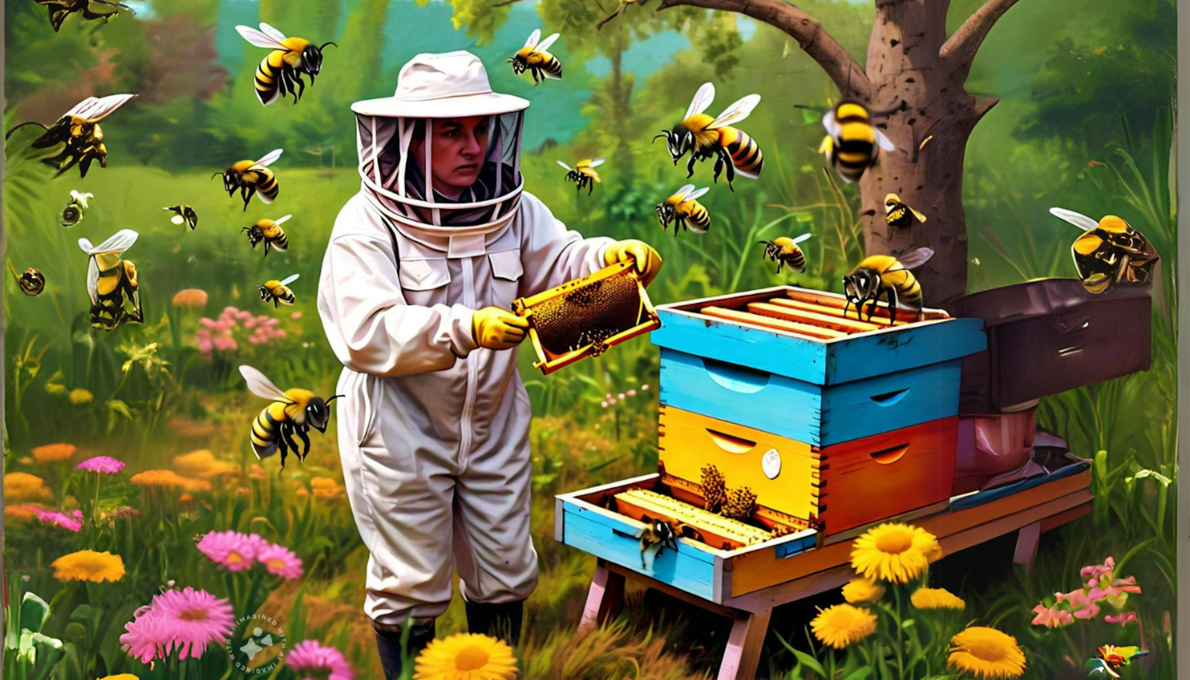 A beekeeper examines a hive with bees on honeycomb, surrounded by blooming flowers and pest control measures.