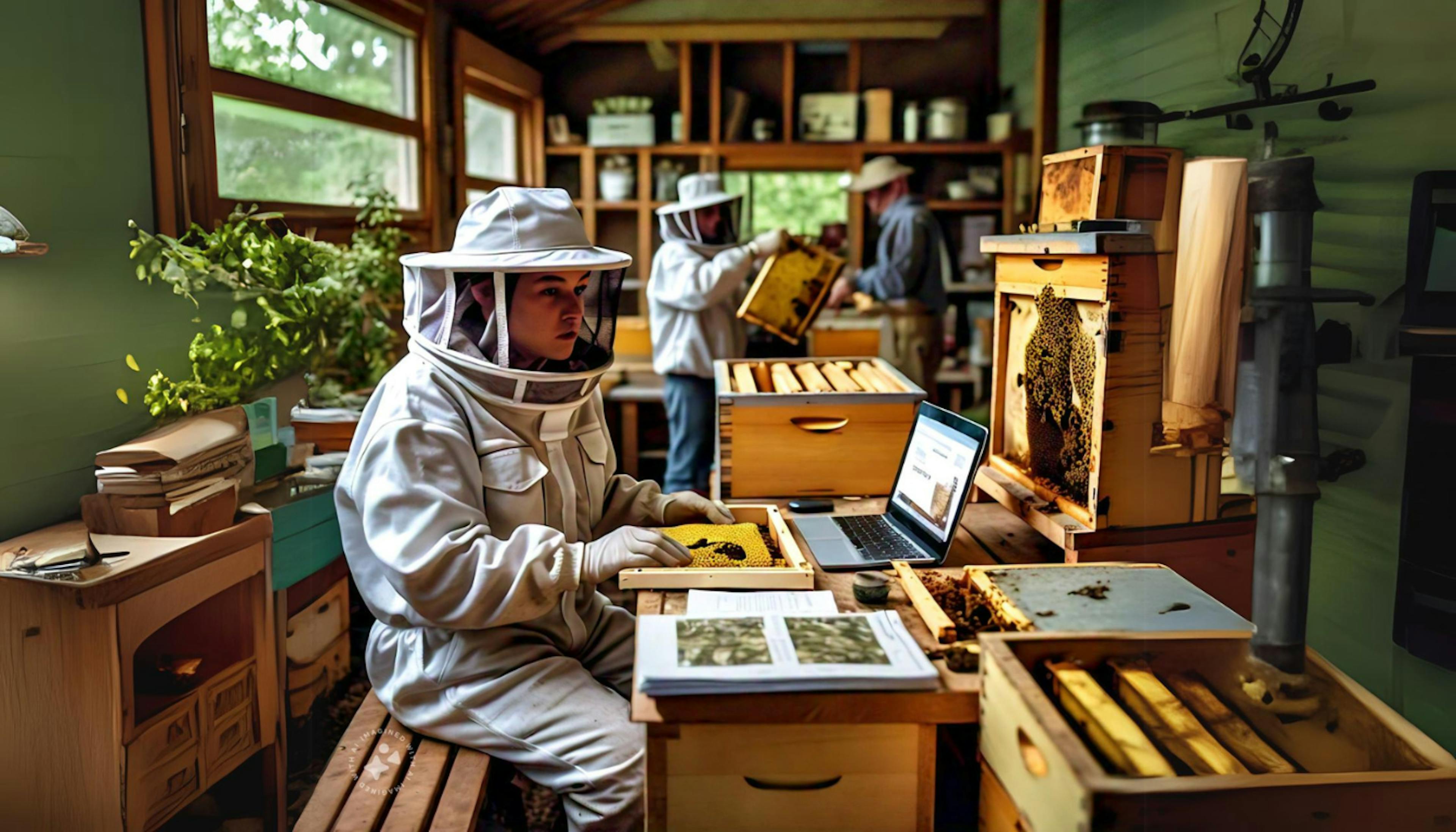 A beekeeper learns from educational materials, observes experienced beekeepers, and participates in a local beekeeping club meeting.