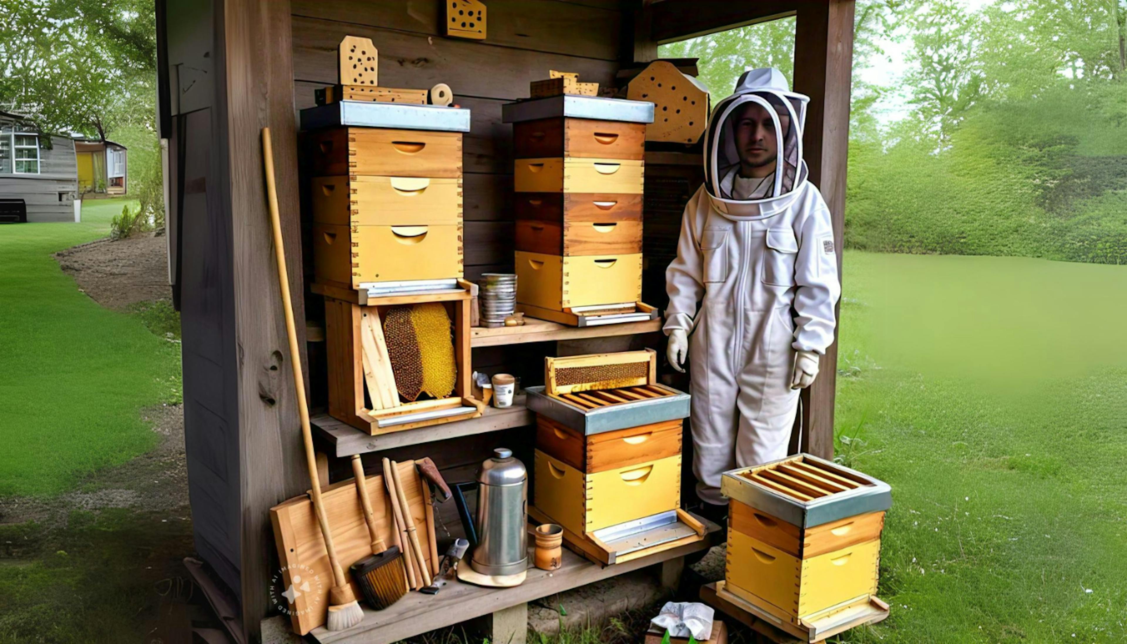 A well-organized beekeeping setup with Langstroth hives, essential tools, protective clothing, and beekeeping books.